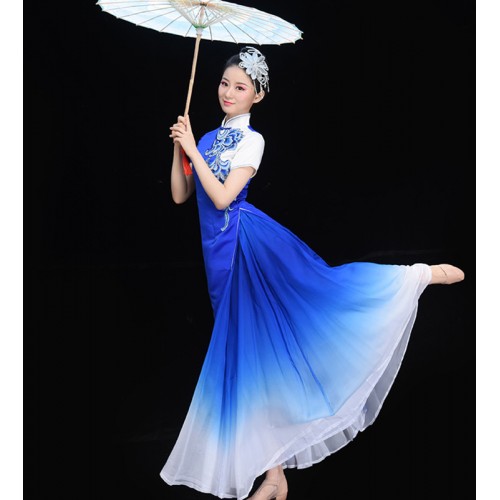 Women's royal blue chinese dresses opening chorus dresses traditional classical dance fan umbrella dance qipao dresses